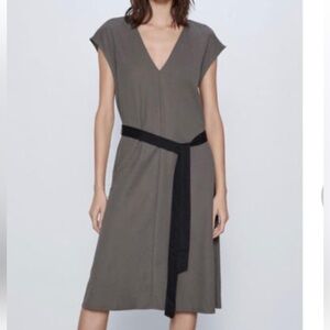 ZARA brand new Woman's contrast belt dark grey mink no veil midi dress  Size XL